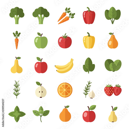 Healthy Food Icons: Fruits and Vegetables - Flat Design