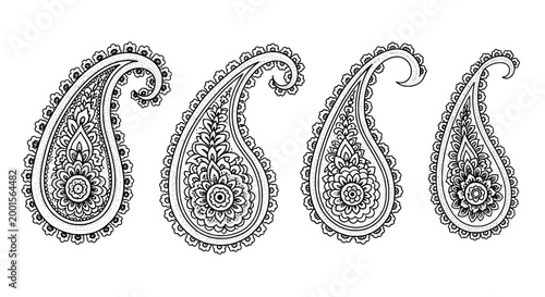 Paisley patterns set with intricate floral designs and swirling shapes featuring decorative, art, vector with illustration and black and white