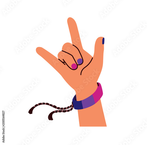 Hand gesture for bisexual love. Fingers with pink and blue nails, striped bra...