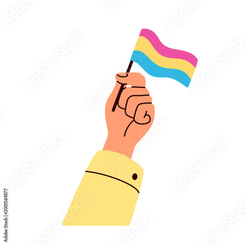 Hand holding pansexual striped flag, symbol for International Pansexuality awareness Day. LGBTQ support, LGBT sexuality rights concept. Flat vector illustration isolated on white background
