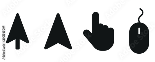 Modern graphic set of essential black computer cursor pointer and mouse icons for digital user interface design elements