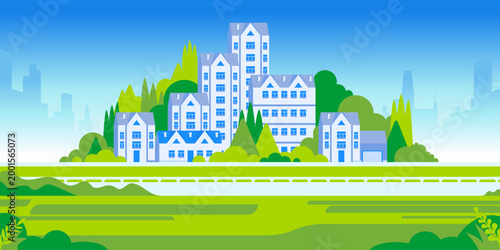 Modern city district panorama with apartment buildings, houses and green park landscape. Flat style illustration urban development, residential architecture and peaceful city life.