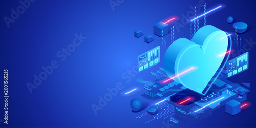 Digital expression and emotional feedback concept with heart symbol in futuristic technology environment. Neon isometric illustration user reaction, social interaction and communication.