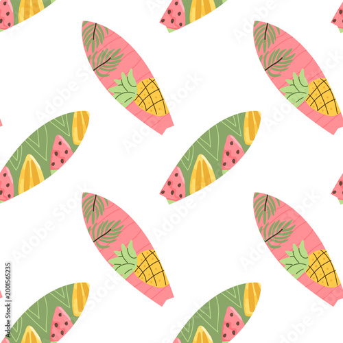 A seamless pattern of surf boards illustrated in a cartoon flat style. Each board features tropical fruits like pineapple and watermelon, ideal for summer-themed decor, beach events, and apparel.