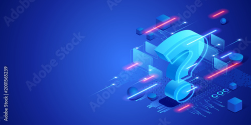 Problem solving and business search concept with question mark in digital data environment. Futuristic neon isometric illustration analysis, research, decision making and innovation.