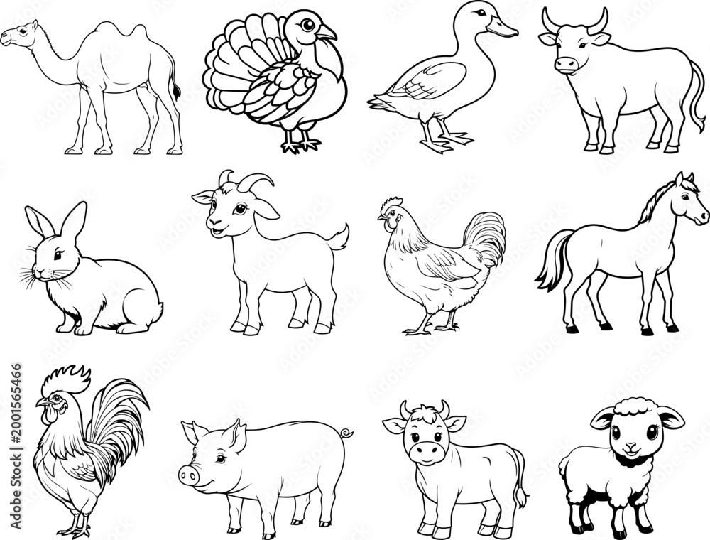 Obraz premium Hand drawn farm animals set in clean outline style. Cute domestic animals including cow, horse, pig, goat, rabbit, chicken, duck, turkey and sheep isolated on white background.