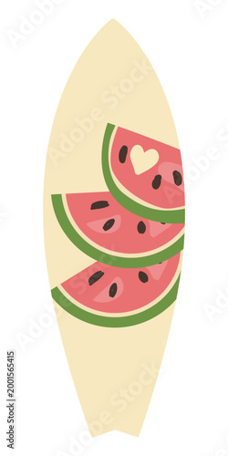 Surfboard illustration featuring a watermelon design in a cartoon flat style. Ideal for summer events, beach parties, and surf culture promotions. Perfect for apparel, stickers, and decor.