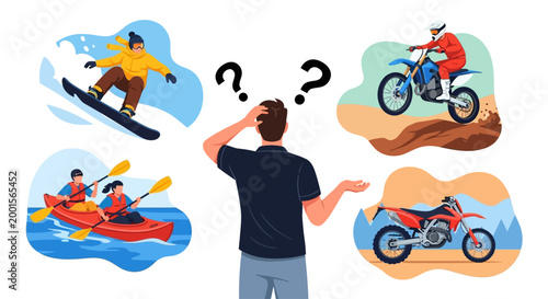 Man choosing adventure sports, icons of snowboarding, kayaking, and dirt biking