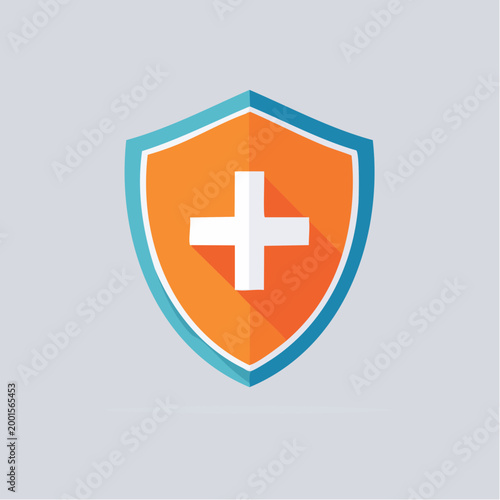 Shield with a white cross symbol, representing health and protection