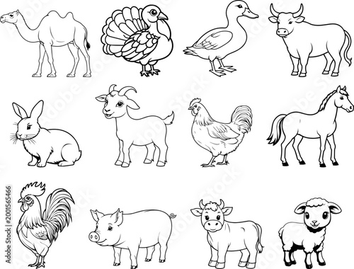 Hand drawn farm animals set in clean outline style. Cute domestic animals including cow, horse, pig, goat, rabbit, chicken, duck, turkey and sheep isolated on white background.
