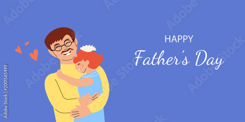 Father and child illustration in a cartoon flat style for Father's Day. The design features a joyful embrace with hearts, perfect for greeting cards, stickers, and festive decorations.