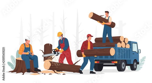 Lumberjack workers, logging industry, tree cutting, wood transportation, laborers