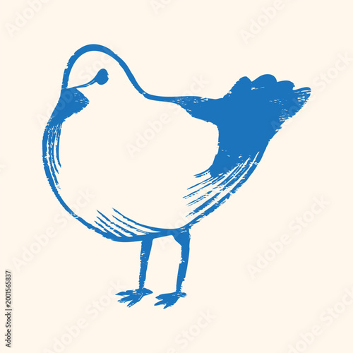 Hand-drawn blue seagull bird illustration in a textured linocut style, featuring a naive folk art stamp aesthetic for coastal minimalist design