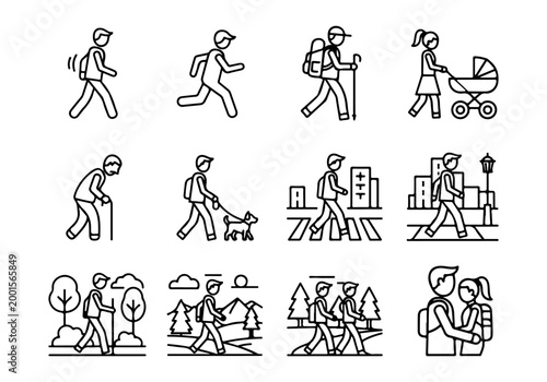 Walking icon set, representing diverse activities and people in motion, including hiking, city strolls, and family outings