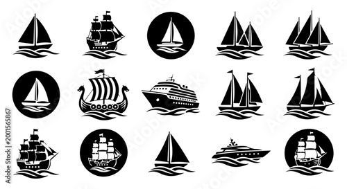 Collection of diverse ship and boat icons, featuring sailing vessels, cruise liners, and Viking ships in black and white silhouette against wavy water backgrounds