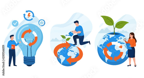 Eco friendly business icons, sustainable development graphics, environmental care illustrations, green globe symbols
