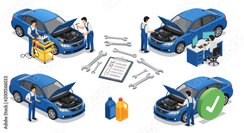 Automotive service and repair concept with mechanics working on cars and diagnostic tools, showing maintenance and inspection