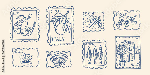 Doodle blue mediterranean stamps set
