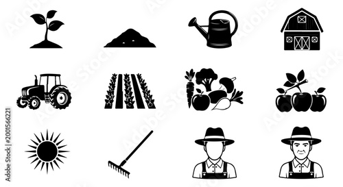 Farm and agriculture icons, featuring tractor, farmer, crops, and tools for cultivation and harvest