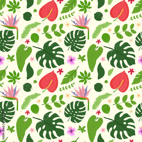 Slika na platnu Seamless pattern with red anthurium pink strelitzia and green monstera leaves on