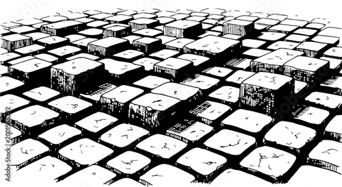 Abstract geometric pattern of cobblestone pavement with a 3D perspective effect, in black and white