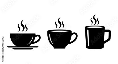Collection of three black icons of hot beverages in cups with steam, representing coffee or tea