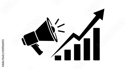 Promotional megaphone and rising bar graph depicting business growth and successful marketing strategy