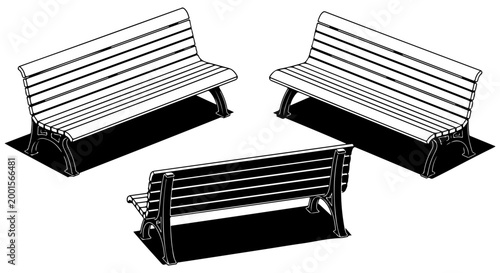 Three Black and White Illustrations of Park Benches in Different Perspectives