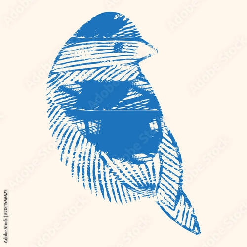 Blue perched bird linocut with expressive crosshatch texture, bold handdrawn engraved illustration for vintage logo, sketch art or forest nature design