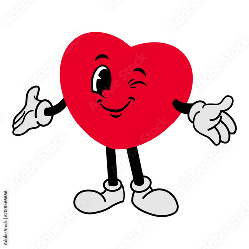 Retro cartoon heart character mascot. Cheerful cartoon heart character with a smile with Wink eye. A groovy vector illustration for a communication theme. Vector illustration for a valentine theme.