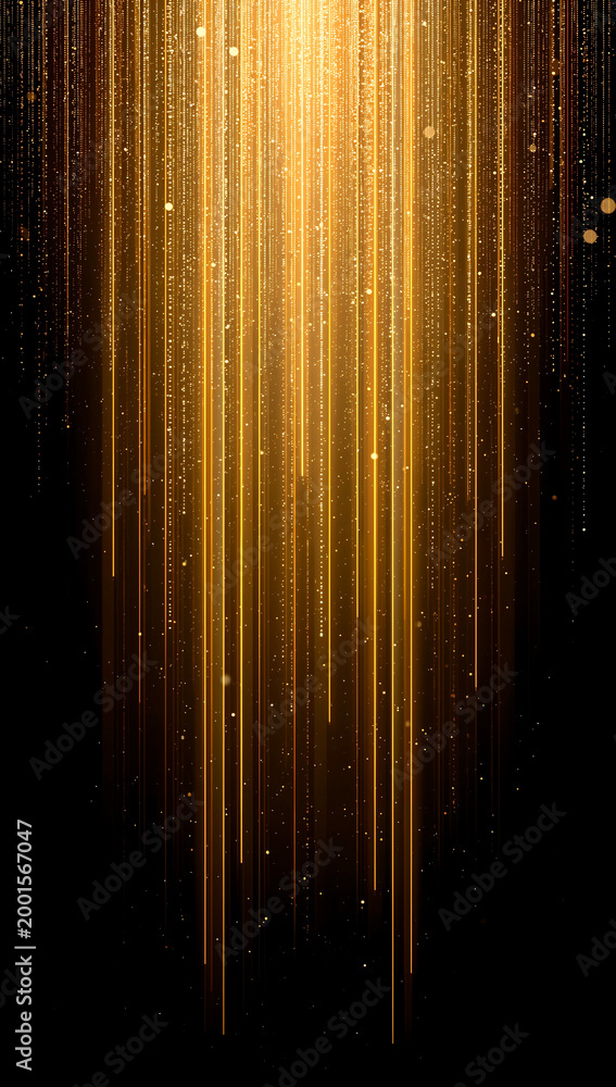 Fototapeta premium Golden glowing particles falling in dark space, abstract meditation and mindfulness background