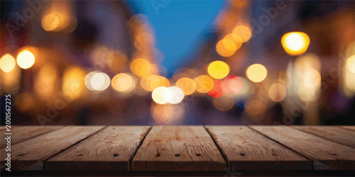 A realistic wooden plank tabletop with a soft focus bokeh background of city lights at dusk creating a cozy and atmospheric mood