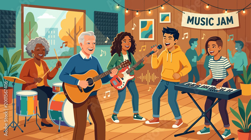 Multicultural group of people enjoying a music jam session indoors, playing instruments like guitar, drums, keyboard, and bass. Diverse musicians of different ages performing together in a cozy studio