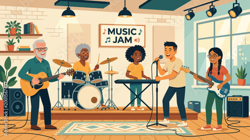 Multicultural group of people enjoying a music jam session indoors, playing instruments like guitar, drums, keyboard, and bass. Diverse musicians of different ages performing together in a cozy studio