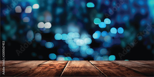 A textured wooden plank surface in the foreground with a softly blurred background of glowing blue and white bokeh lights creating a vibrant atmosphere