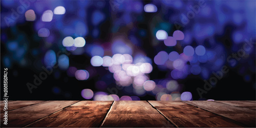 A warm wooden tabletop surface with a soft focus bokeh background of glowing purple and blue lights creating an atmospheric nighttime scene suitable for product placement