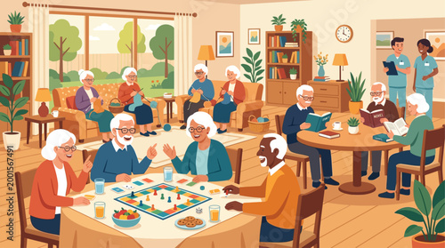 A charming flat design illustration featuring an elderly  group, enjoying activity in a Gathering Room in a Senior Home. Some playing boardgame, reading books and knitting 