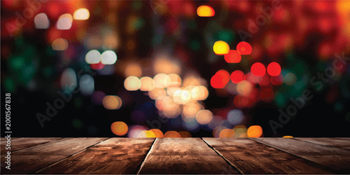 Rustic wooden surface in the foreground with a vibrant out of focus background of colorful bokeh lights creating a festive and atmospheric scene