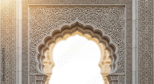 Majestic Moorish Archway with Intricate Carvings Bathed in Golden Sunlight.