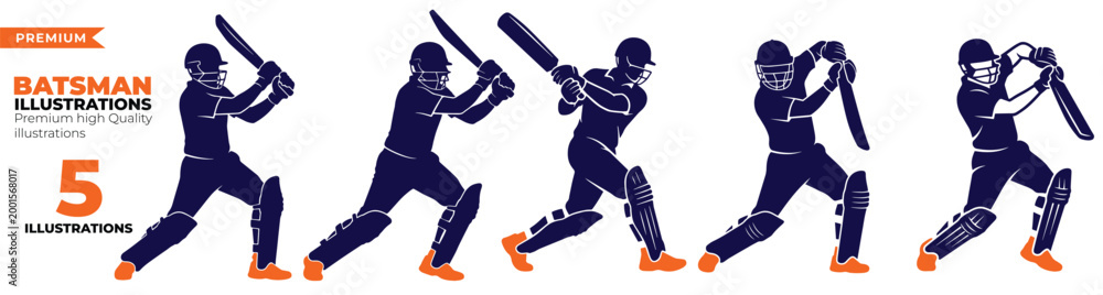 Fototapeta premium Batsman Cricket Player Illustration Pack Vector Set for Sport Action Batting Bowling Match and Competition Design