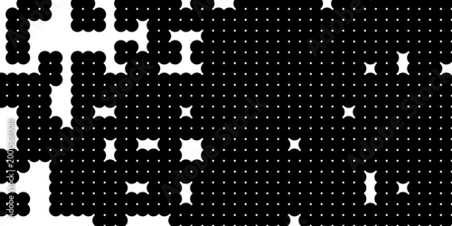 Abstract geometric pattern with circular shapes and star cutouts black and white minimalist dotted texture background