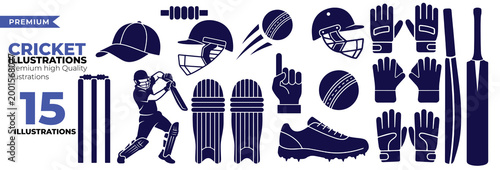 Fotografie Cricket Icons Pack Vector Set for Match Game Bat Ball Wicket Trophy and Tourname