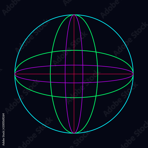 Minimalist neon wireframe globe sphere with colorful geometric lines and digital ellipses on dark background