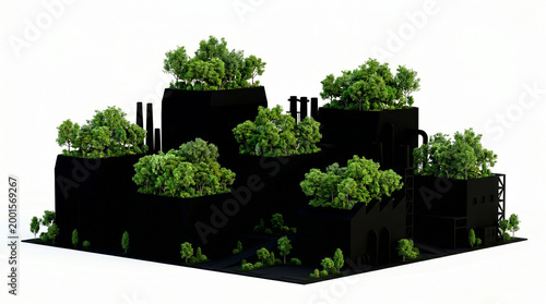 3D eco industrial park factories with green rooftop trees on white background