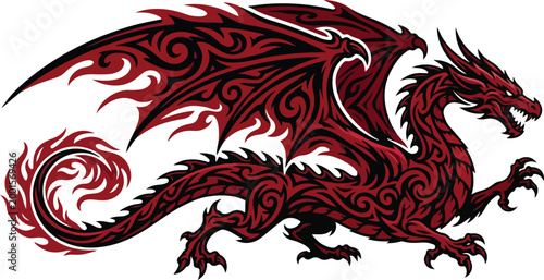 Adobe Illustrator Artwork. Detailed red dragon wings tribal pattern.