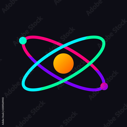 Vibrant neon atomic model with glowing orbits and planets on a dark black background illustration