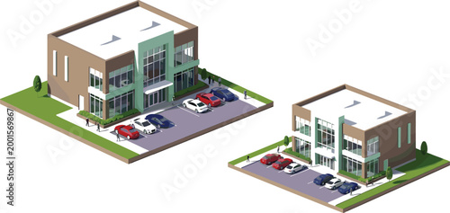 Isometric commercial building vector set featuring modern office architecture with parking lot, cars and landscaped surroundings in clean corporate design style