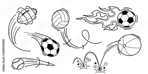 Dynamic ball bounce set with spiral spinning trajectory and jumping curves, vector speed motion doodle icons with movement direction effect, rebound paths, black flowing lines on white background