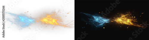 Tableau sur toile Magic clash of fire and ice energies set, realistic blue and orange sparkling li