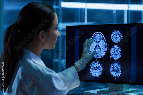 Neurologist Analyzing Brain MRI Scan on Digital Screen, Neurodegeneration Diagnosis Concept Including Huntington’s, Alzheimer’s and Parkinson’s Disease